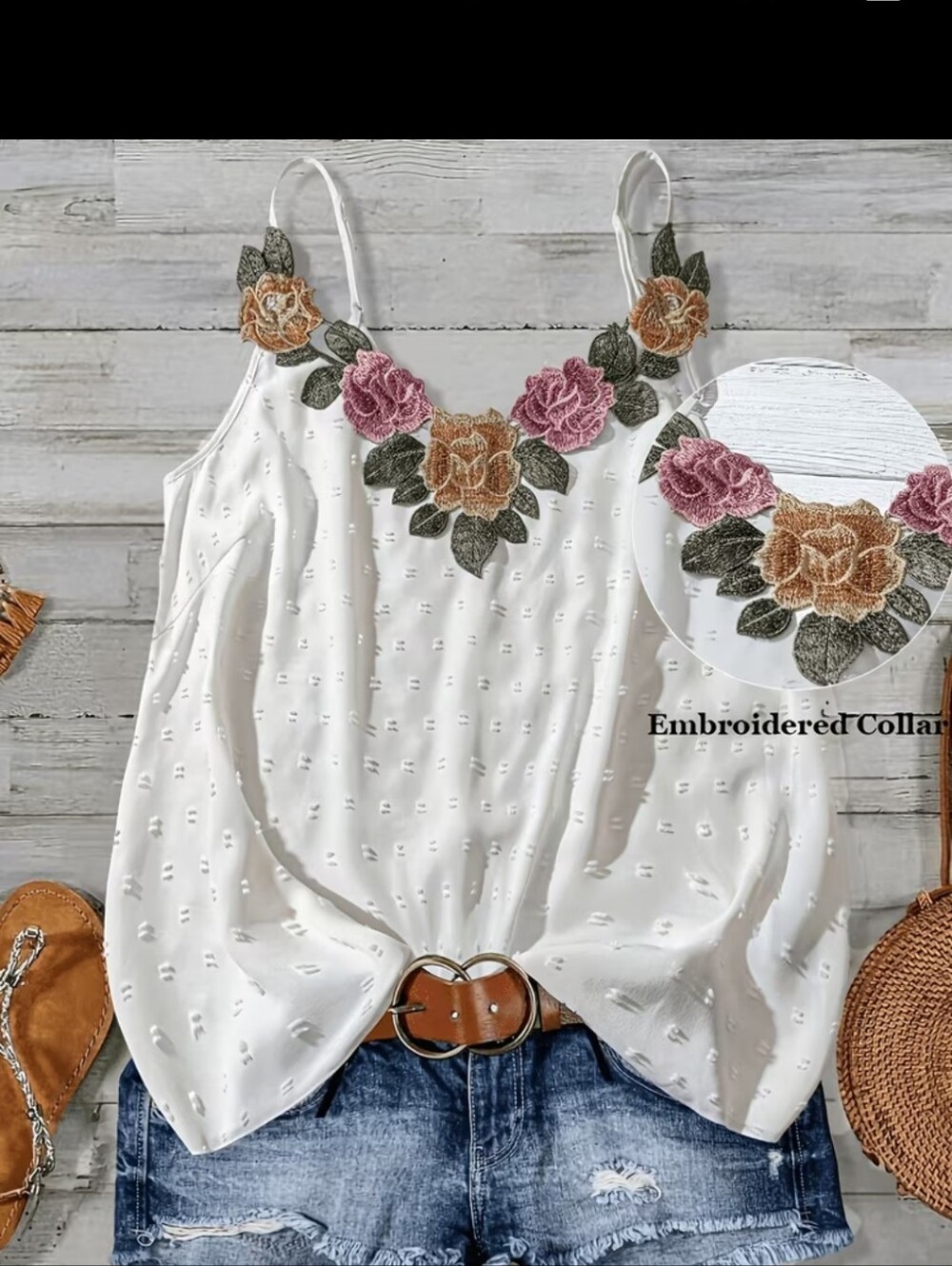 New Womens Embroidered Floral White Cami Tank Top 5x(22) 1671-1133